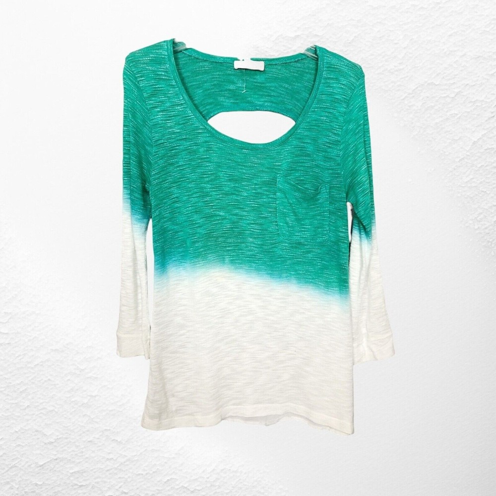 Language Women’s Sz S Green Ivory Scoop Neck Long Sleeve Top Patch Pocket